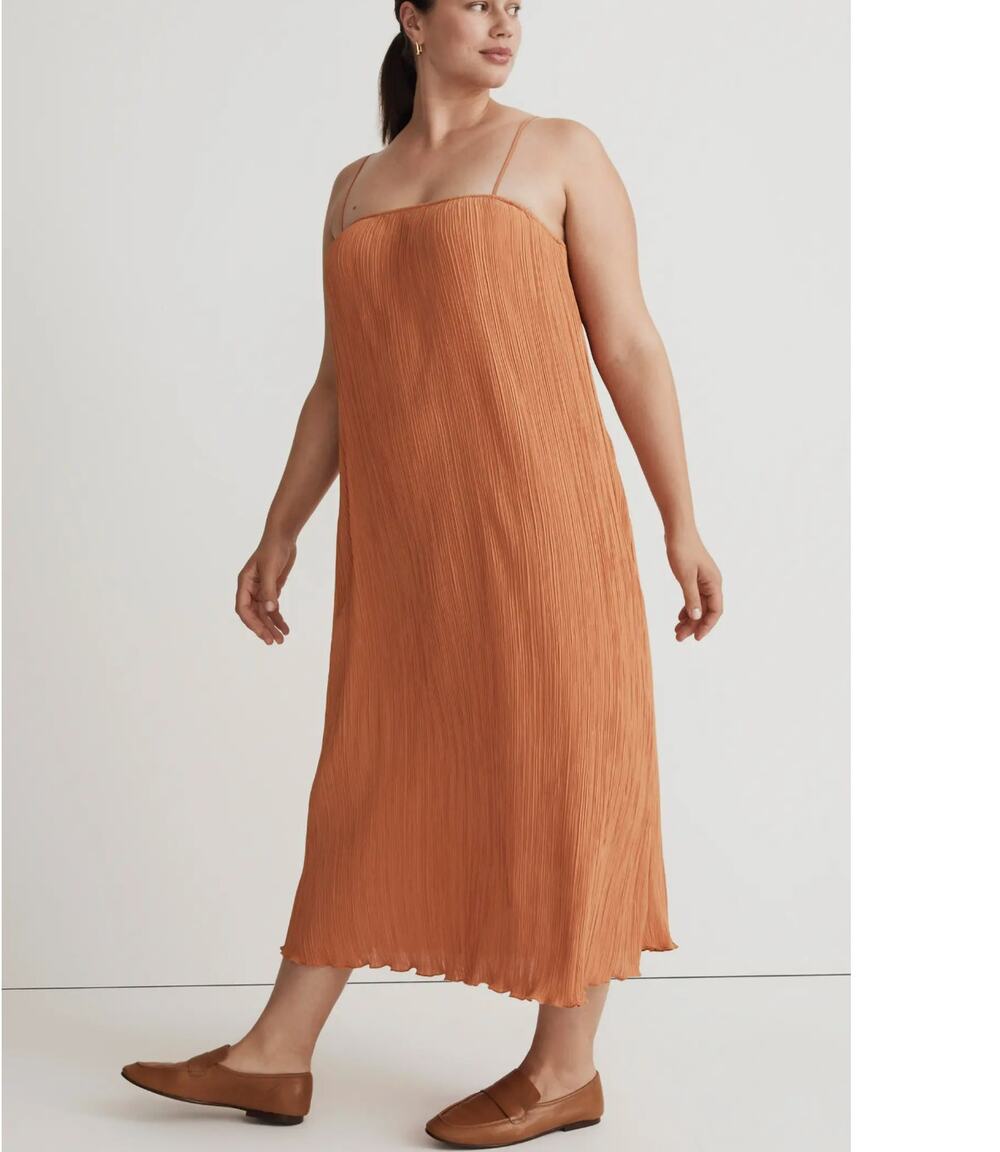 New Madewell The Goldie Plisse Dress Midi Pleated Dress Burnt Orange Size 12